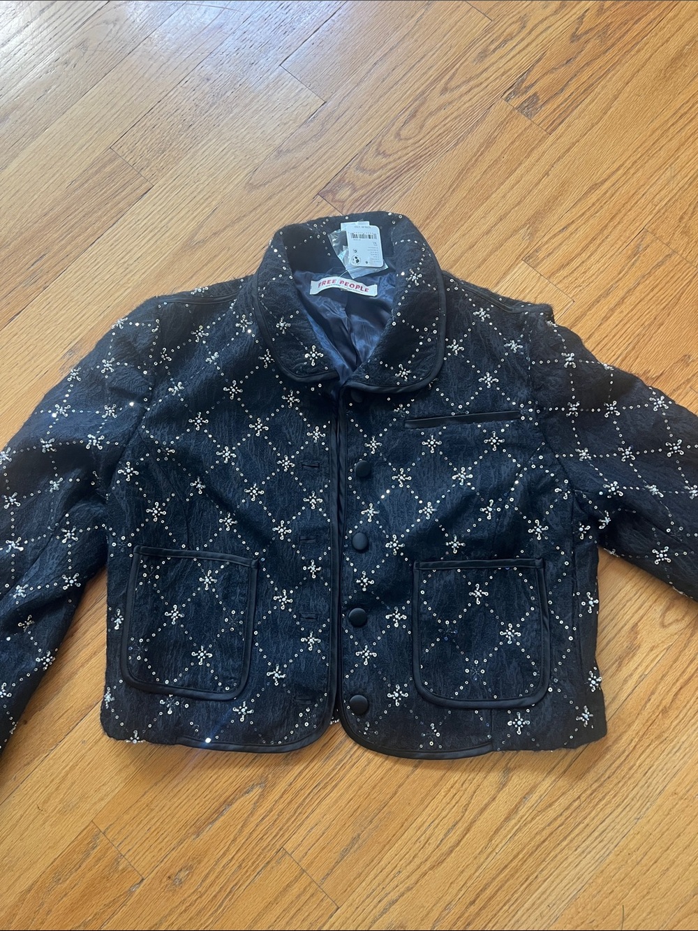 Free People Black Sequin Quilted lined Jacket with Silver Embellishment XL NWT